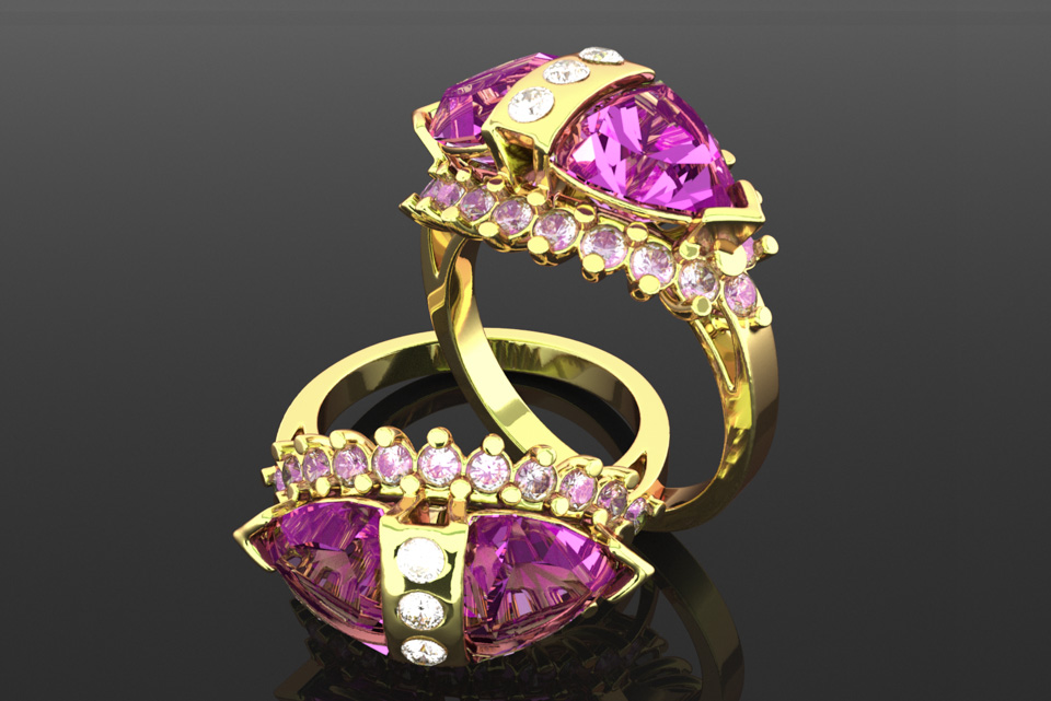 One Of A Kind: 2 pink tourmaline trillions set with pink kunzite and diamond accents.