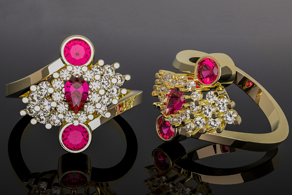 Sentimental Center: A design challenge, using a smaller sentimental ruby as the centerpiece.  Split band
												starts and finishes with bezel set rubies and a diamond waterfall for accent.